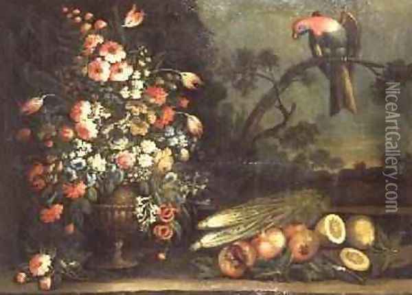 Still life mixed flowers vegetables and parrot Oil Painting - Giacomo Nani