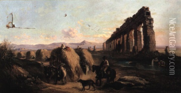 Landscape With Figures, Cattle, Cart And Ruins Oil Painting - Vincenzo Giovannini