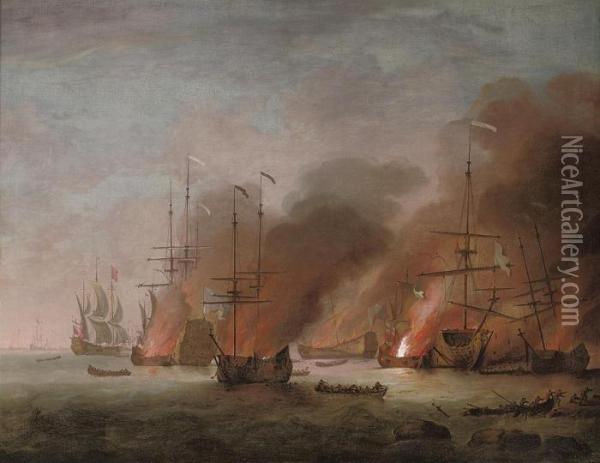 The Burning Of The French Flagship Oil Painting - Willem van de, the Elder Velde