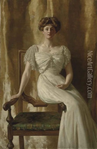 Portrait Of The Hon. Mrs Harold Ritchie, Seated In A White Dress With Lace Trim Oil Painting - John Collier