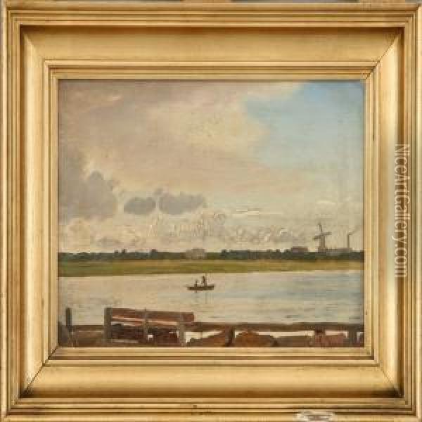 A Landscape Scenery With Lake, In The Background A Mill. Signed. C. Eck Oil Painting - Christian Eckardt