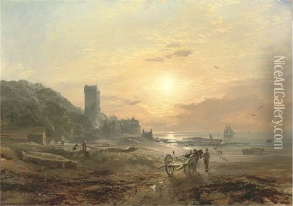 View Of Culross On The Forth, With Figures In The Foreground And A Village Beyond Oil Painting - Samuel Bough