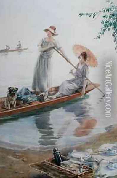 Two girls with their pet pug paddling back to their picnic Oil Painting - Charles MacIvor or MacIver Grierson