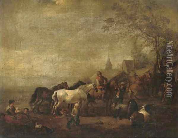 An encampment with officers on horseback Oil Painting - Carel van Falens or Valens