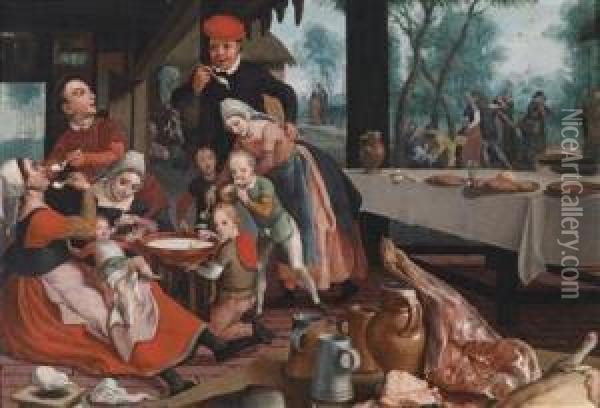 A Family Eating Rice Pudding Oil Painting - Pieter Pietersz