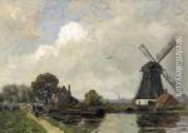 Windmuhle Mit Gehoft An Einem Kanalufer. Oil Painting - Gilbert Von Canal