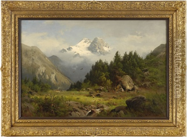 Alpine Landschaft Mit Wanderer Und Wildbach Oil Painting - Heinrich Ludwig Frische