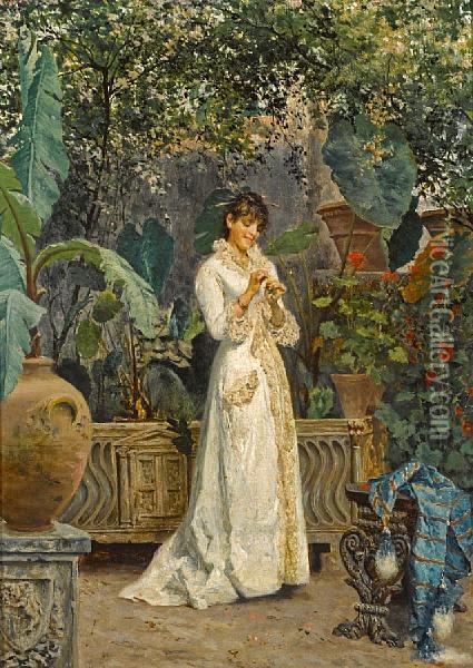 A Lady In Her Garden Oil Painting - Cesare Tiratelli