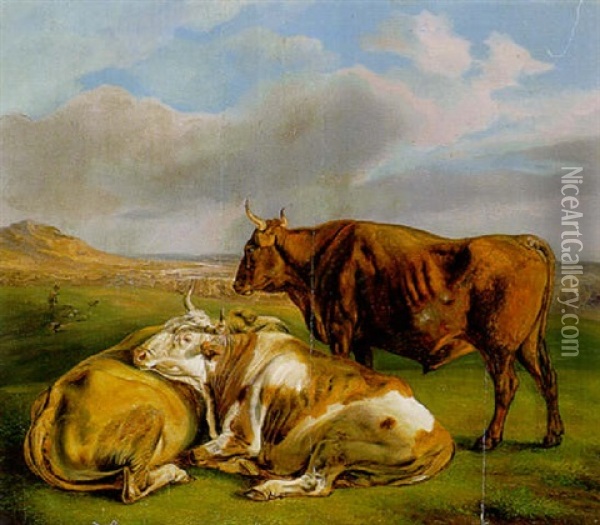 Drei Rinder Vor Weiter Landschaft Oil Painting - Albrecht Adam