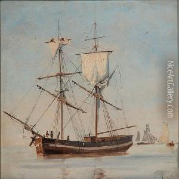 Seascape With A Brig And Other Sailing Ships Oil Painting - C. F. Sorensen