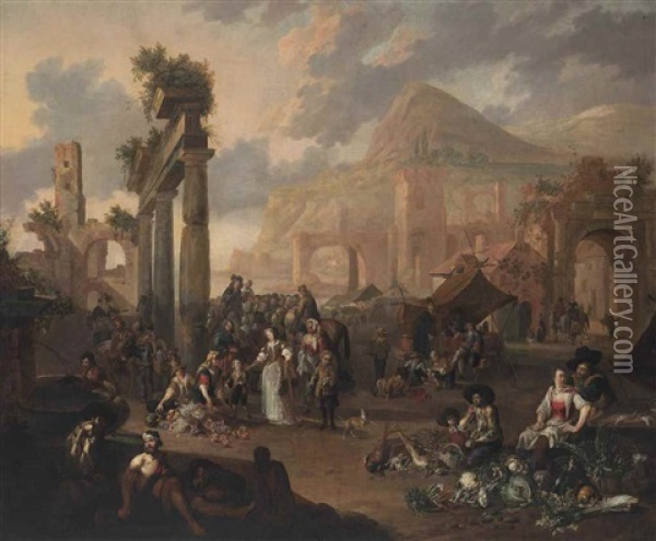 An Italianate Classical Landscape With Figures Gathered Around A Stage And Peasants At A Market, Mountains Beyond Oil Painting - Antoon Goubau