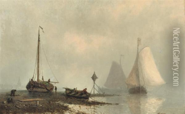 Vessels On A Calm River Oil Painting - Johan Conrad Greive