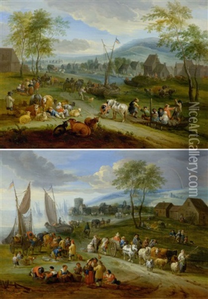 Pair Of Works: Lively River Landscape With Figures/coastal Landscape With A Fish Market Oil Painting - Theobald Michau