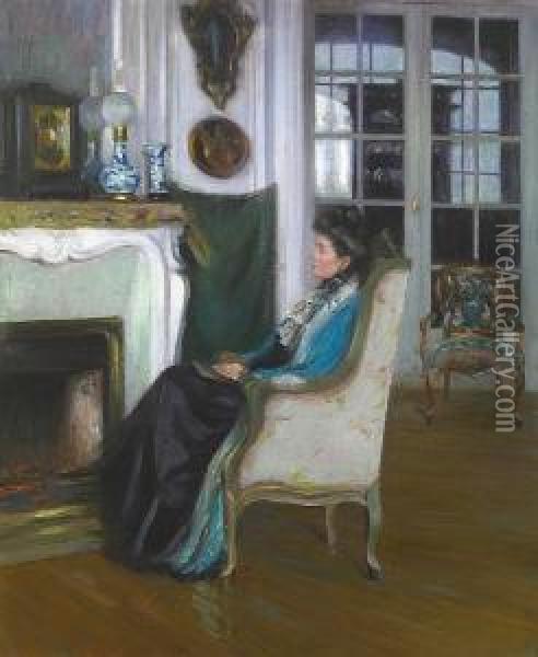 Woman Seated By A Fireplace (a Pensive Moment) Oil Painting - Susan Watkins
