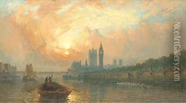 The Oxford and Cambridge Boat Race at Westminster Oil Painting - Claude T. Stanfield Moore