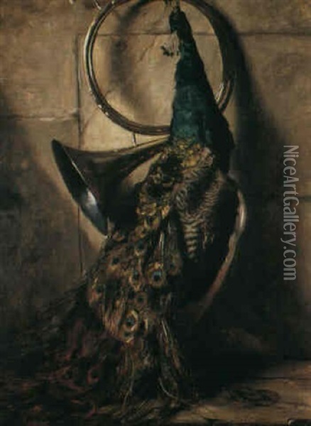 Hunting Still Life With A Peacock Oil Painting - Philippe Rousseau