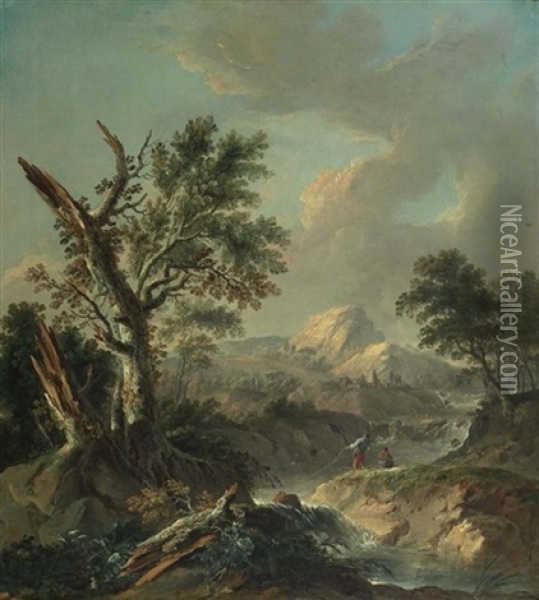 Landschaft Mit Fischern Am Fluss Oil Painting - Jean Baptiste Pillement