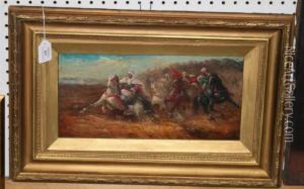 Eastern Scene With Figures On Horseback Charging Through A Landscape Oil Painting - R. Wilson