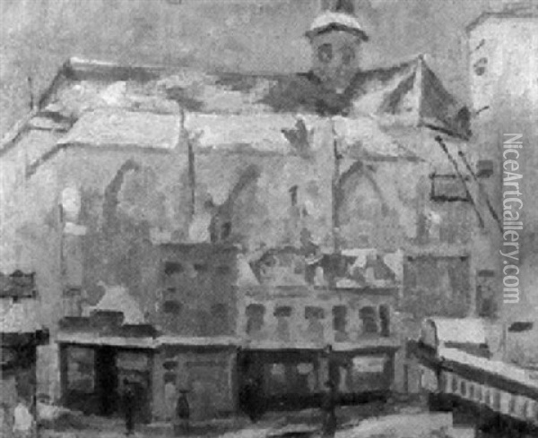 Winterliche Stadtansicht Mit Gotischer Kirche Oil Painting - Gaston Haustrate