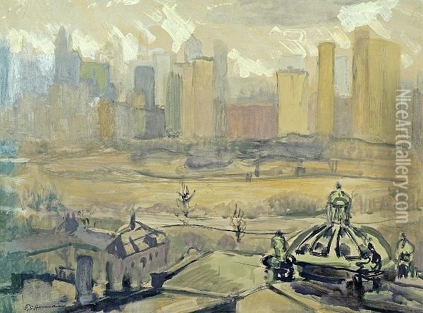 New York City Skyline Oil Painting - Frank Simon Herrmann