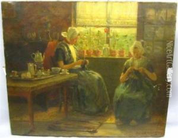 Dutch Genre Scene Withladies Knitting. Oil Painting - David Birdsey Walkley