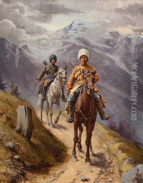 Bewaffnete Tscherkessenreiter Im Gebirge Oil Painting - Alexander Amandus Von Wahl