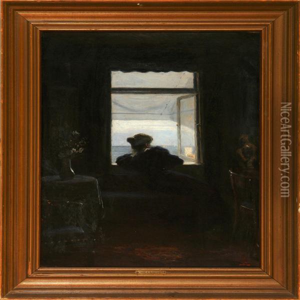 Interior With Awoman Who Looks Out The Window Oil Painting - Christian Clausen