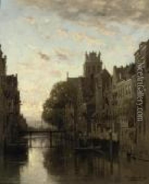 A View Of The Voorstraathaven With The Grote Kerk Beyond,dordrecht Oil Painting - Johannes Christiaan Karel Klinkenberg