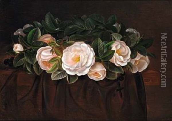 A Wreath Of White Roses Oil Painting - Alfrida Baadsgaard