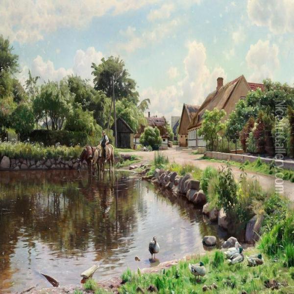 The Horses Are Being Watered In The Village Pond Oil Painting - Peder Mork Monsted