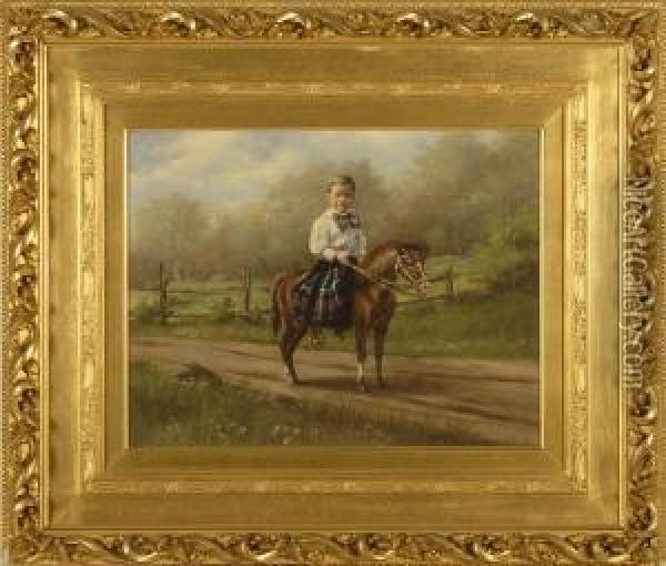 Portrait Of A Boy In A Scottish Kilt Seated On A Pony With Distant Trees Oil Painting - Theodor Victor Carl Valenkamph