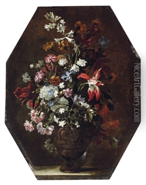 A Lily, An Iris, Carnations, Chrysanthemums And Other Flowers Oil Painting - Mario Nuzzi
