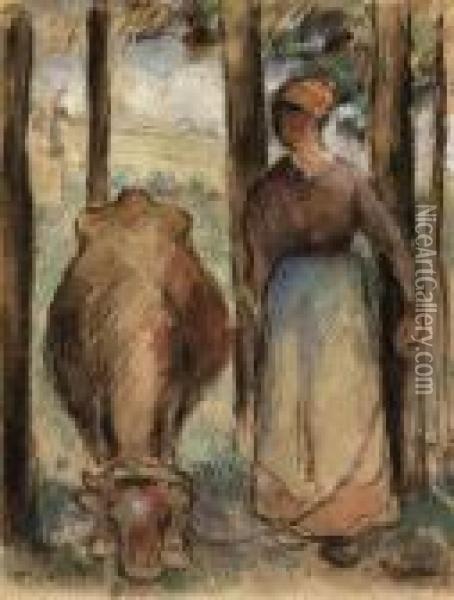La Vachre (young Peasant Woman And Cow) Oil Painting - Camille Pissarro