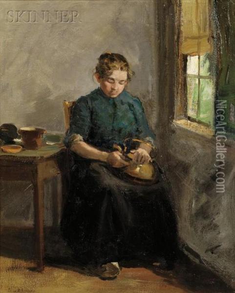 Woman Polishing A Kettle Oil Painting - Charles Paul Gruppe