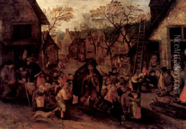 A Hurdy-gurdy Player Surrounded By A Crowd Of Children On A Village Street Oil Painting - Pieter Brueghel the Younger