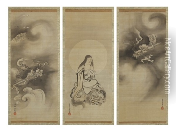 Figures And Dragons (triptych) Oil Painting - Yasunobu Kano