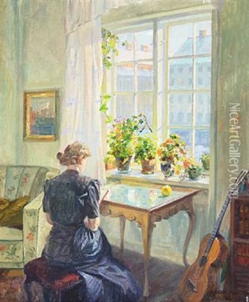 Interior With A Woman Reading At A Window Oil Painting - Robert Panitzsch