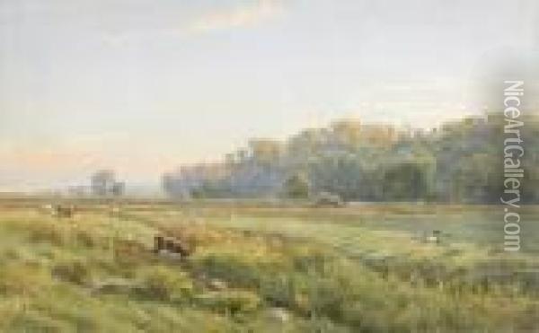Ebene Landschaft Mit Weidenden Kuhen An Bach. Oil Painting - Charles Jones Way