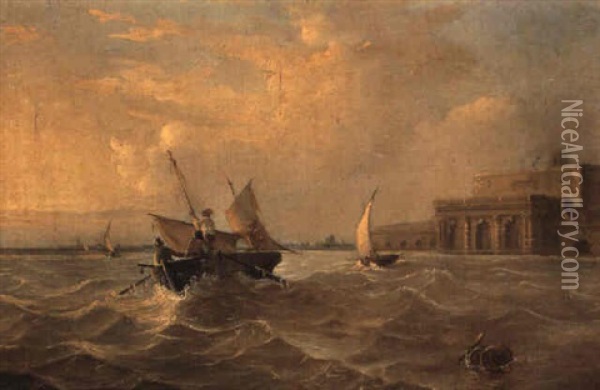 Veduta Veneziana Con Barche Davanti Al Fonte Di S. Andrea Oil Painting - Giovanni Grubas