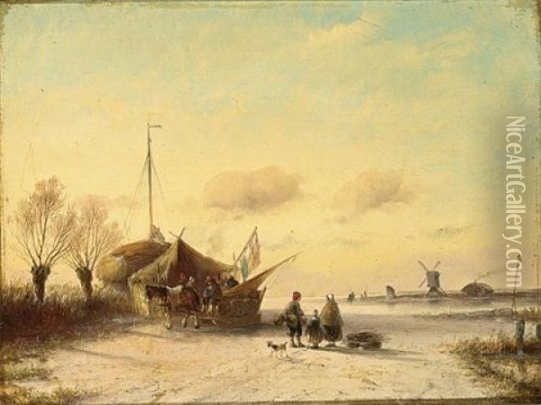 Figures Near A Koek En Zopie On A Frozen Waterway Oil Painting - Jan Evert Morel the Younger