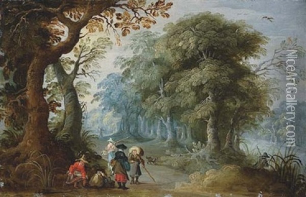 A Wooded Landscape With Travellers On A Track Oil Painting - Jasper van der Laanen