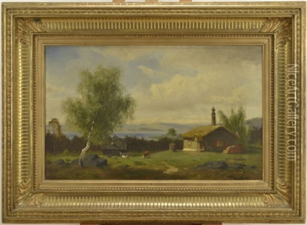 Norskt Fjordlandskap Med Timmerstuga Och Boskap Oil Painting - Olof Arborelius