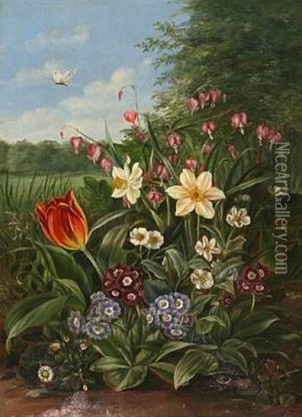 Tulips, Bleeding Hearts And Primrose Oil Painting - Emma Augusta Thomsen