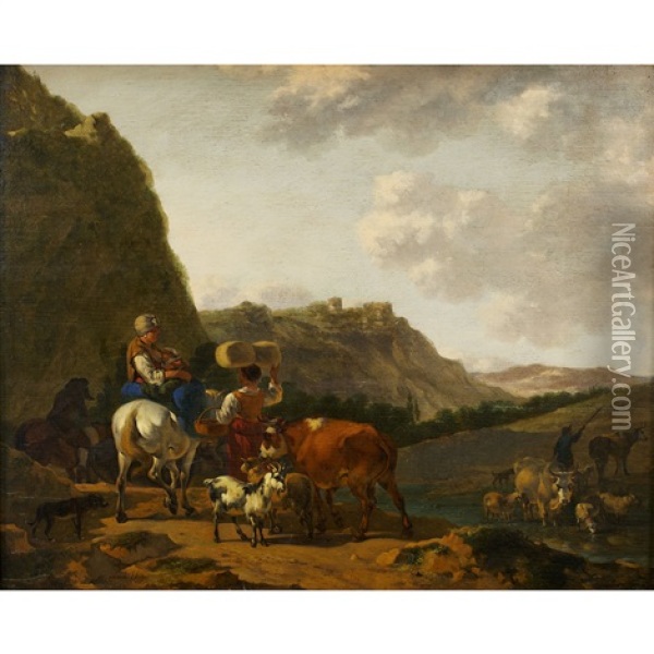 Italianate Pastoral With Shepherd Family Herding Farm Animals Oil Painting - Job Adriaensz Berckheyde