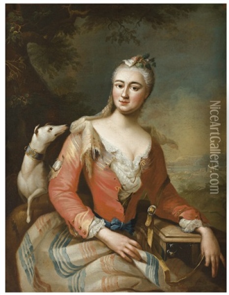 Portrait De Jeune Femme Avec Un Chien Sur Fond De Paysage Oil Painting - Giovanni Maria Delle Piane