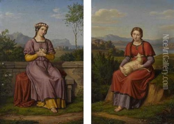 Heilige Dorothea (+ Heilige Agnes; 2 Works) Oil Painting - Joseph Anton Rhomberg