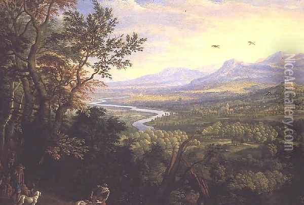 River Landscape, 1680s Oil Painting - Herman Saftleven