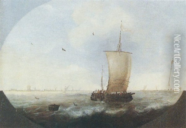 A Smalschip And Other Light Vessels In A Stiff Breeze, A Coastal Town In The Distance Oil Painting - Willem van Diest