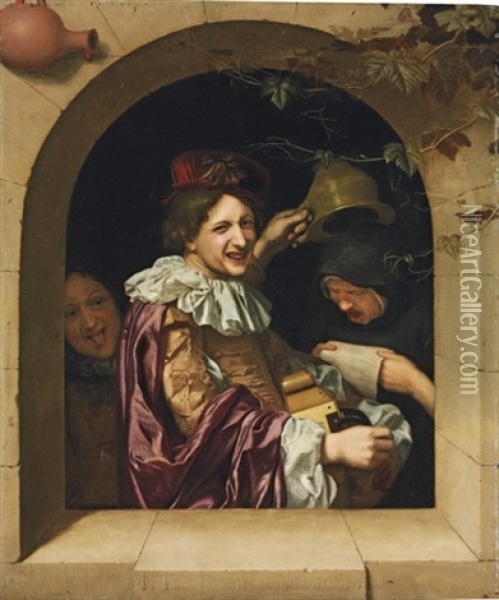A Hurdy-gurdy Player With An Old Woman Oil Painting - Johannes (Jan) Tielius