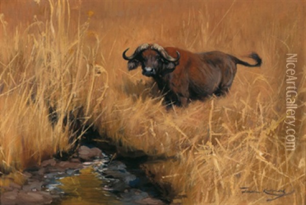 Ein Wasserbuffel An Einer Wasserstelle In Der Savanne Oil Painting - Wilhelm Friedrich Kuhnert